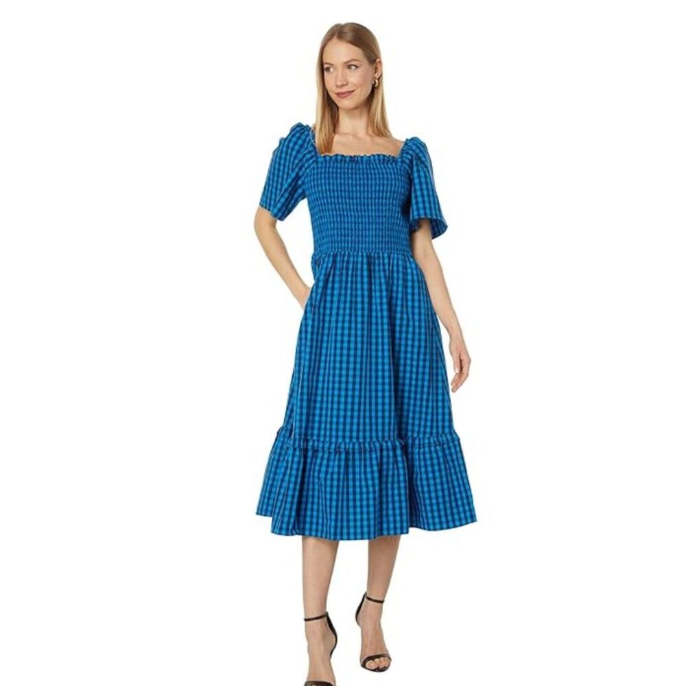 Draper James Deana Midi Dress Smock Blue Plaid Check Milkmaid Cottagecore 2X